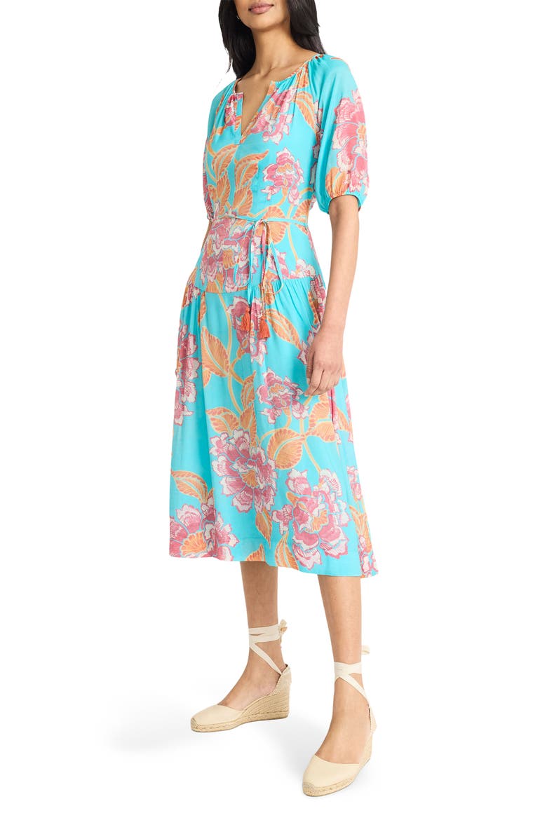 Split Neck Midi Dress, Alternate, color, AQUA/ ORANGE/ PINK