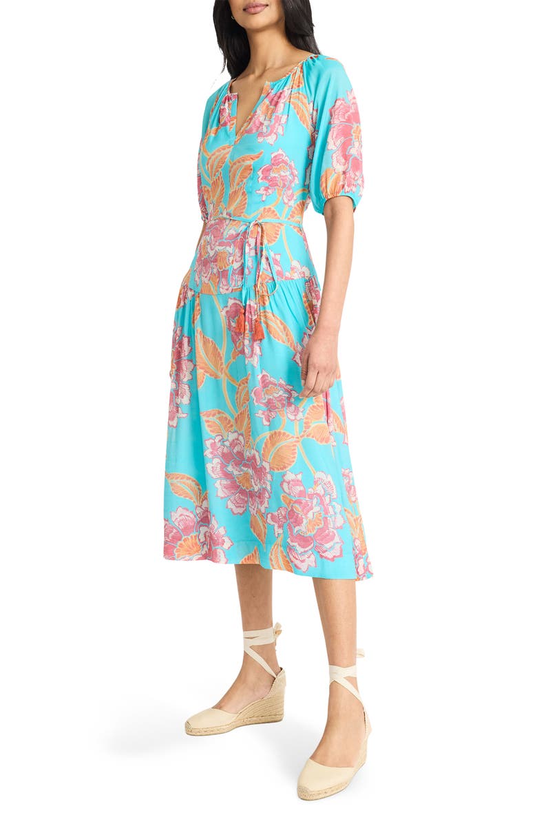 The Good Journey Split Neck Midi Dress, Alternate, color, Aqua/ Orange/ Pink