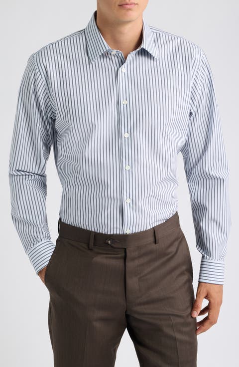 Striped Trim Fit Cotton Dress Shirt
