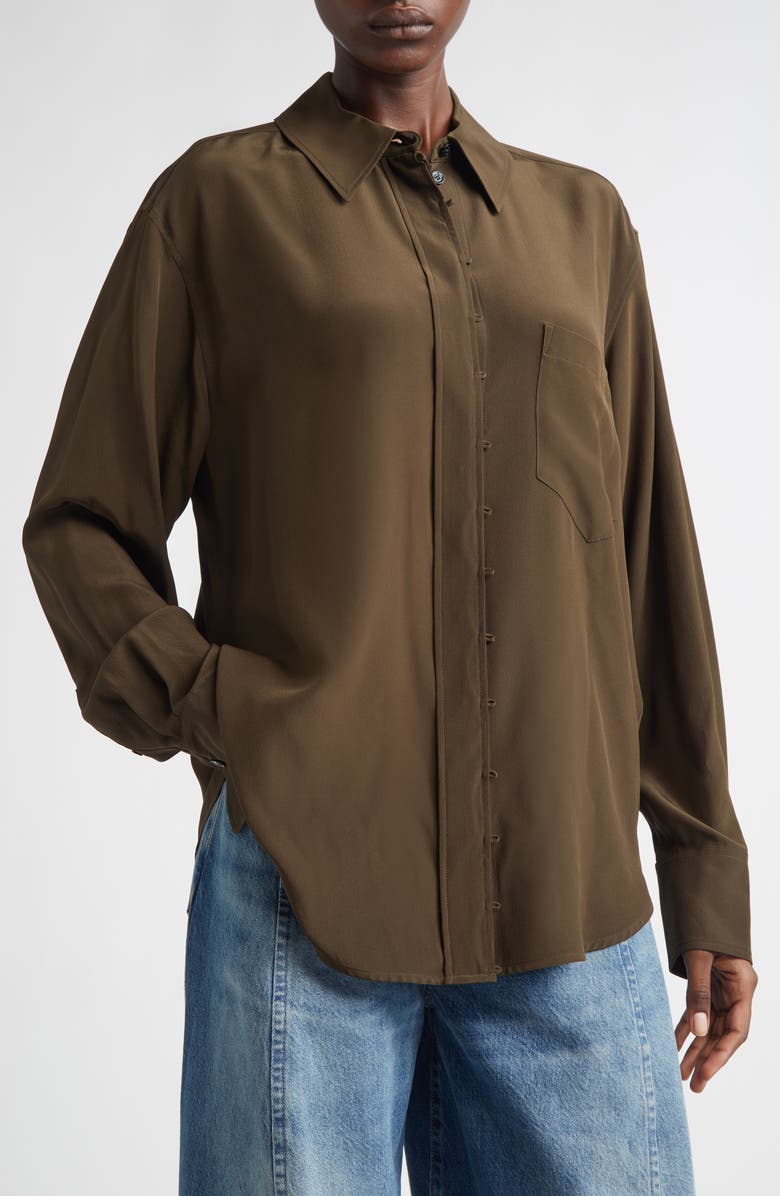 Victoria Beckham Rouleaux Detail Silk Shirt, Alternate, color, Dark Olive