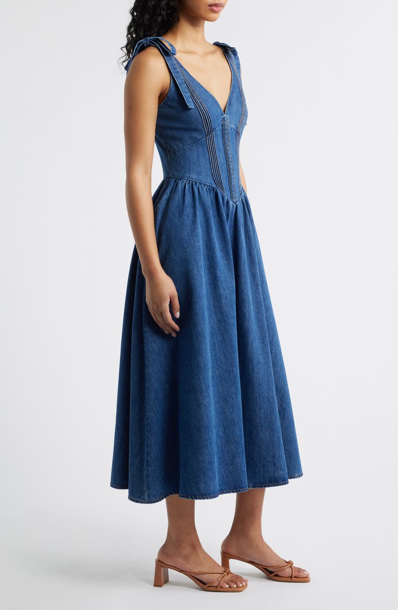 FREEMARKET Plunge Neck Tie Shoulder Denim Midi Dress, Alternate, color, 