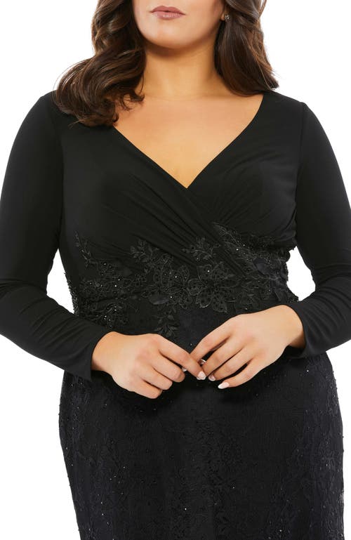 Mac Duggal Wrap-over Long Sleeve Lace Applique Trumpet Gown In Black