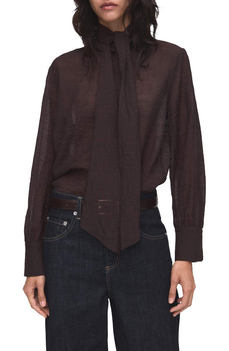 MANGO Tie Neck Textured Shirt, Main, color, Chocolate