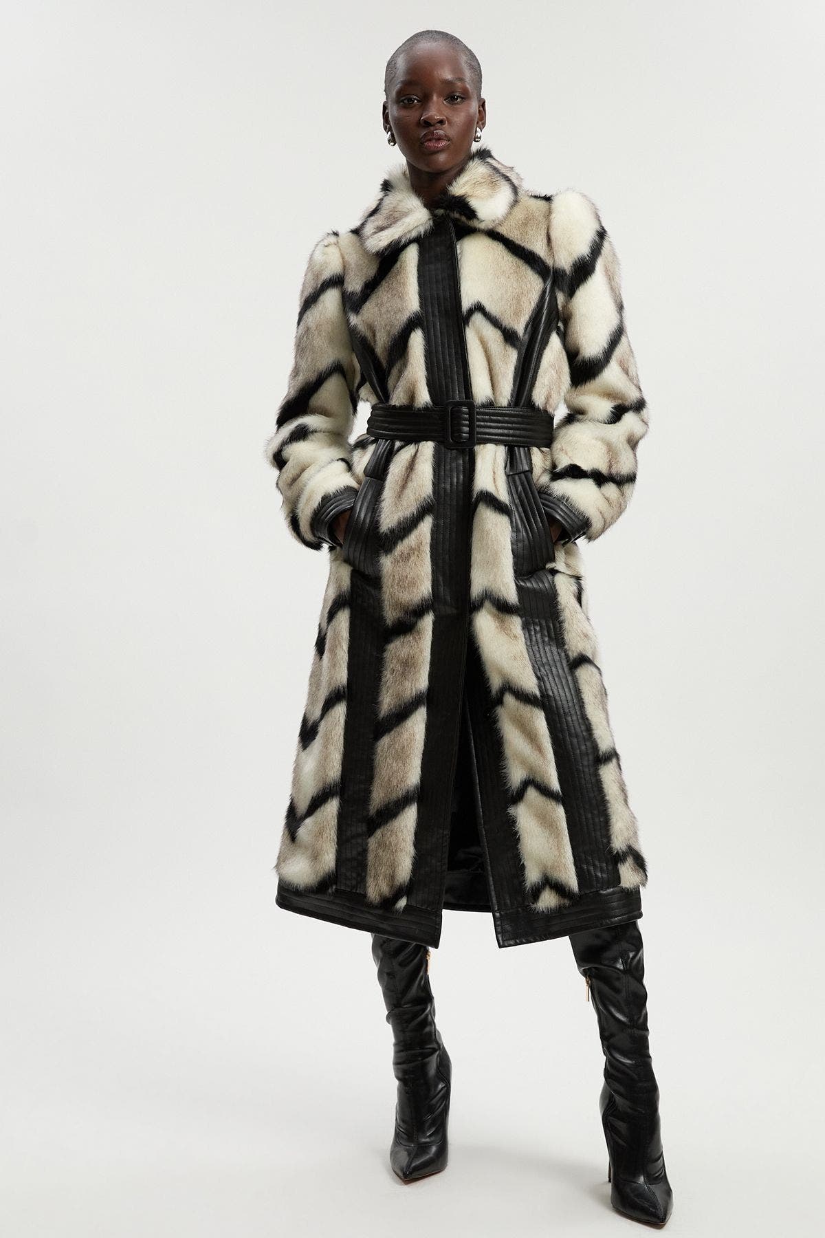 Karen Millen Stripe Faux Fur Belted Long Coat In Neutral