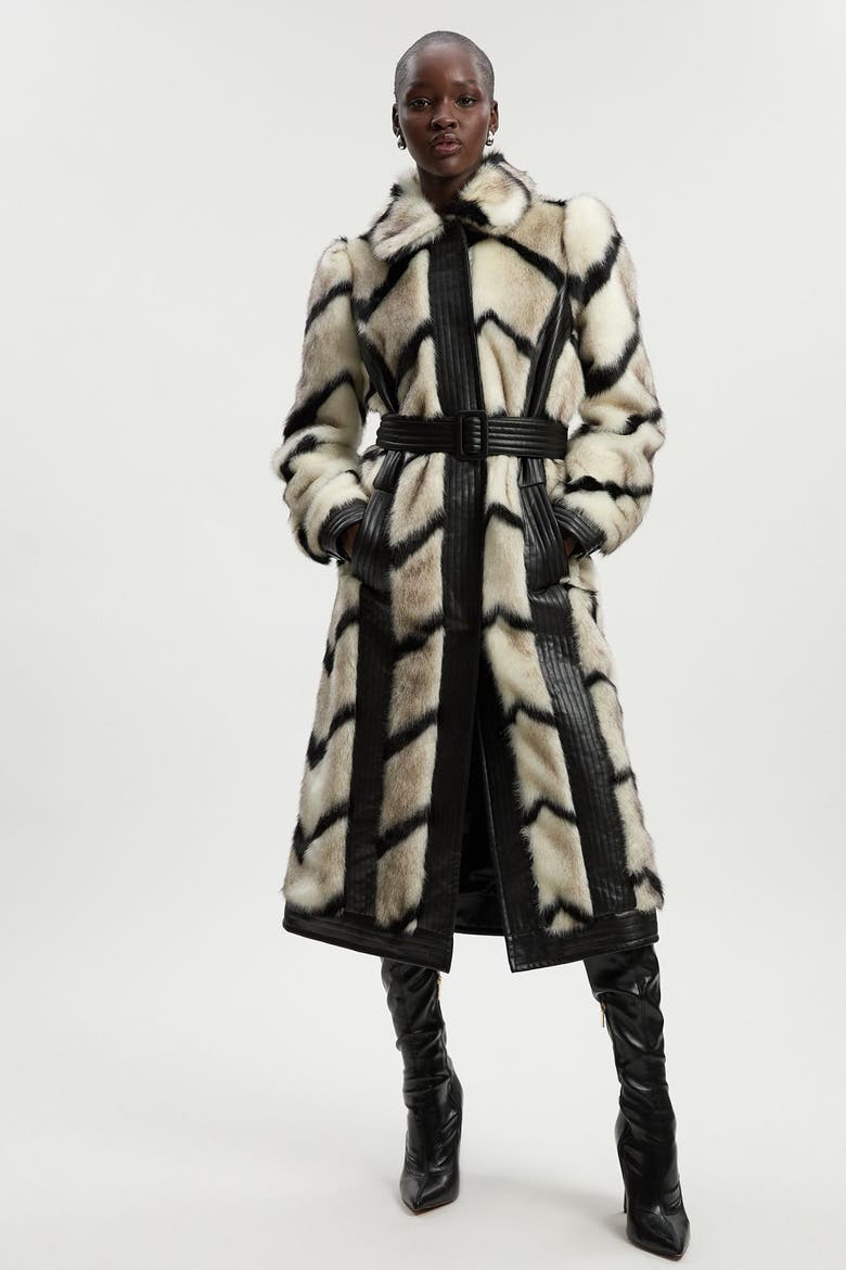 Stripe Faux Fur Belted Long Coat, Main, color, Mono