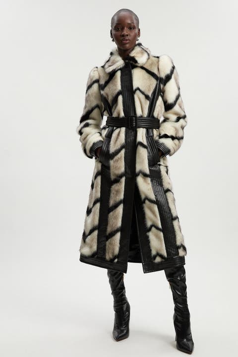 Stripe Faux Fur Belted Long Coat