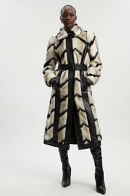 Karen Millen Stripe Faux Fur Belted Long Coat