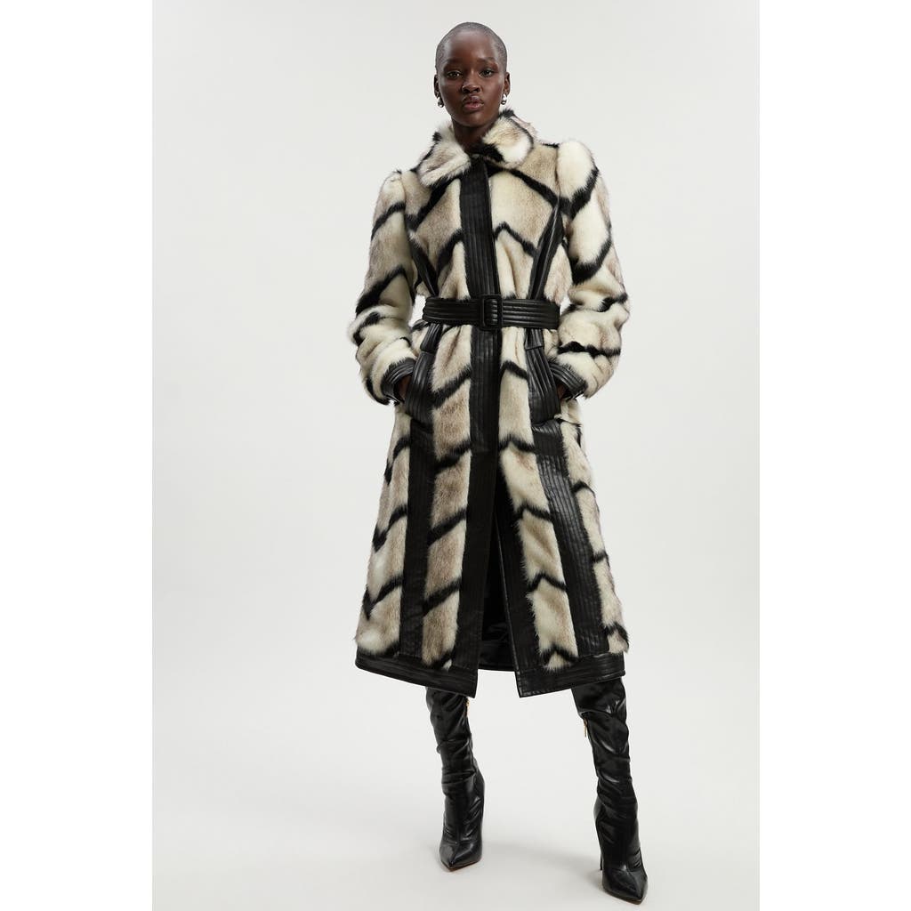 Karen Millen Stripe Faux Fur Belted Long Coat In Neutral