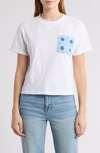 Design History Crochet Pocket Cotton T-shirt In Sky Blue Combo