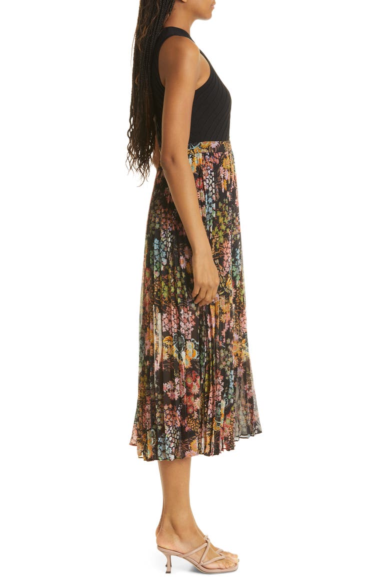 Aquila Pleated Mixed Media Cross Front Dress, Alternate, color, BLACK