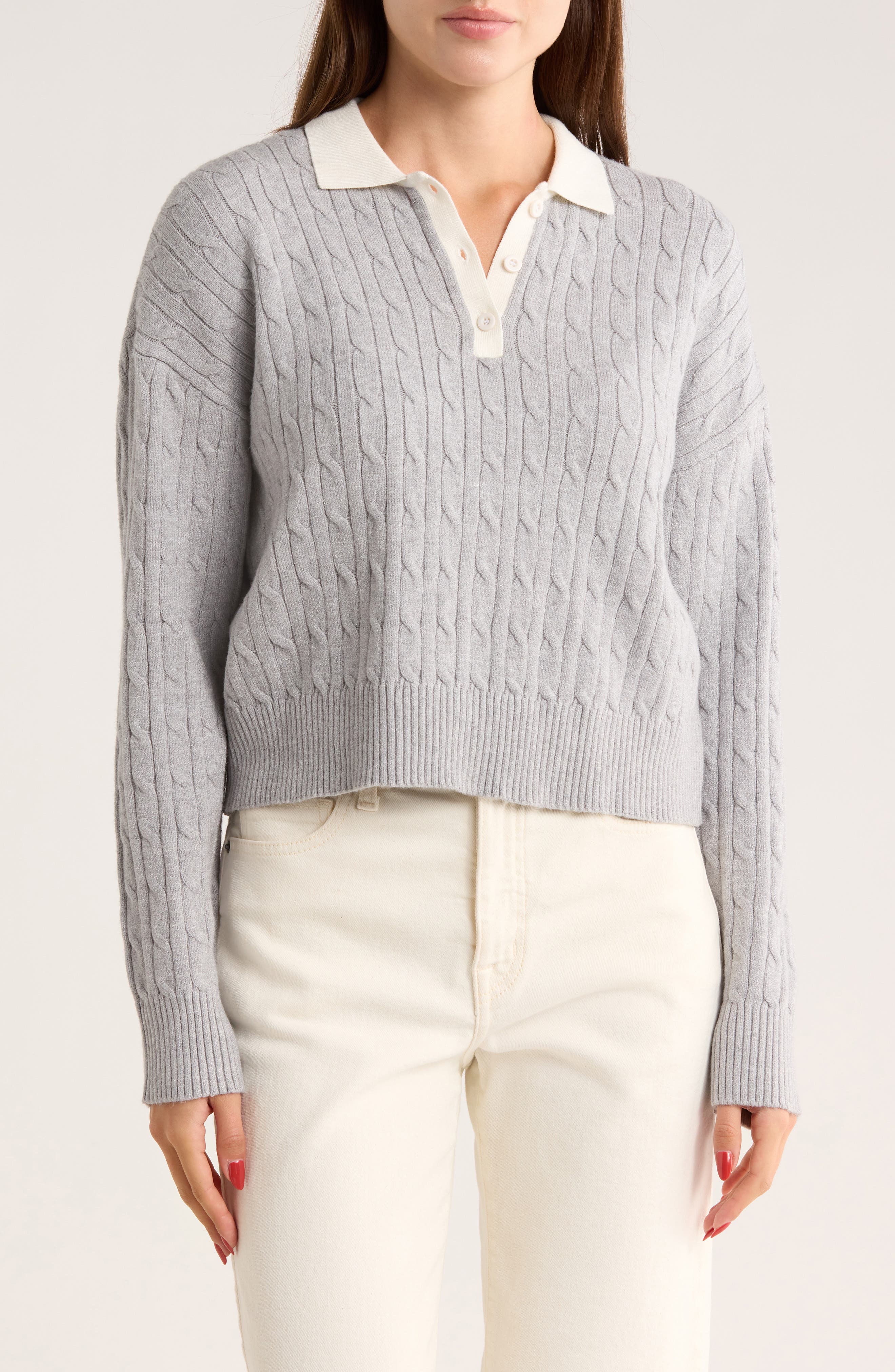 INTERNATIONAL DESIGNER Cable Knit Crop Polo Sweater