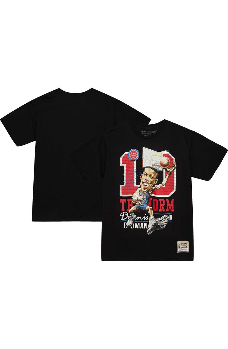Mitchell & Ness Men's Mitchell & Ness Dennis Rodman Black Detroit Pistons Hardwood Classics Caricature T-Shirt, Main, color, 