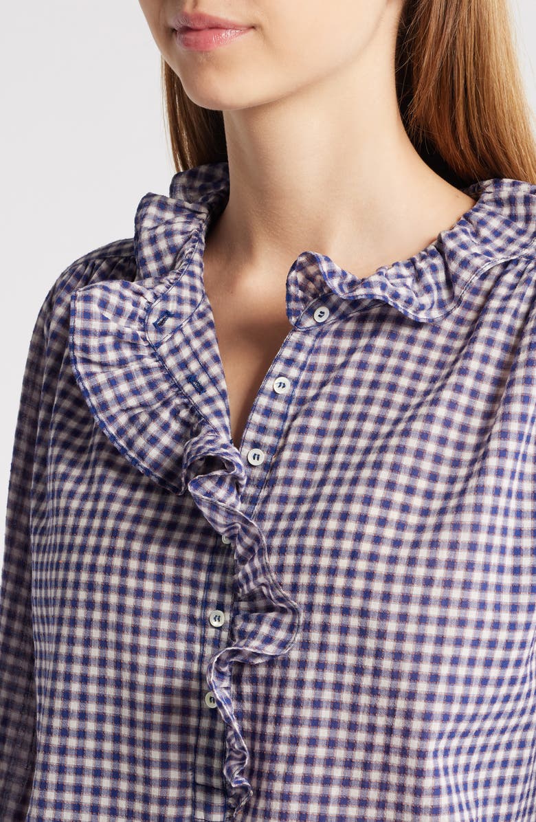 XÍRENA Caspia Gingham Ruffle Popover Top, Alternate, color, Stone Blue