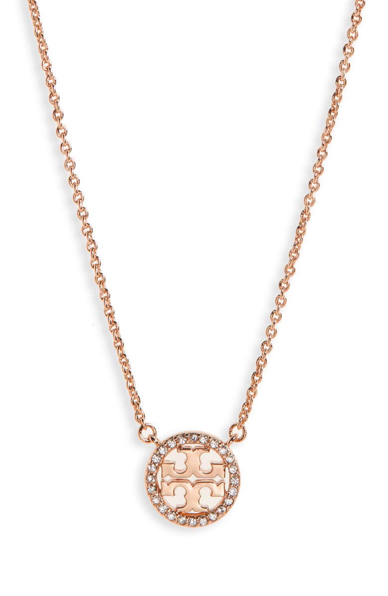 Tory Burch Icon Pavé Pendant Necklace, Main, color, Rose Gold/ Crystal