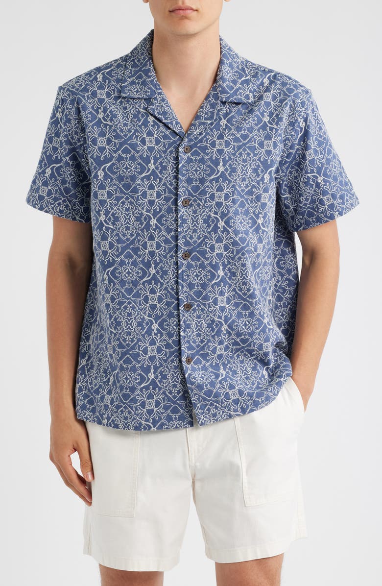 Treasure & Bond Embroidered Linen & Cotton Camp Shirt, Main, color, Blue Stitched Tiles