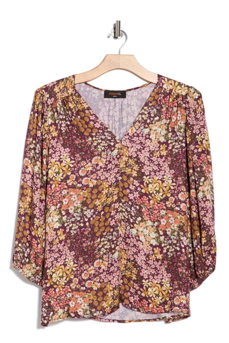 Floral V-Neck Long Sleeve Top, Alternate, color, PLUM