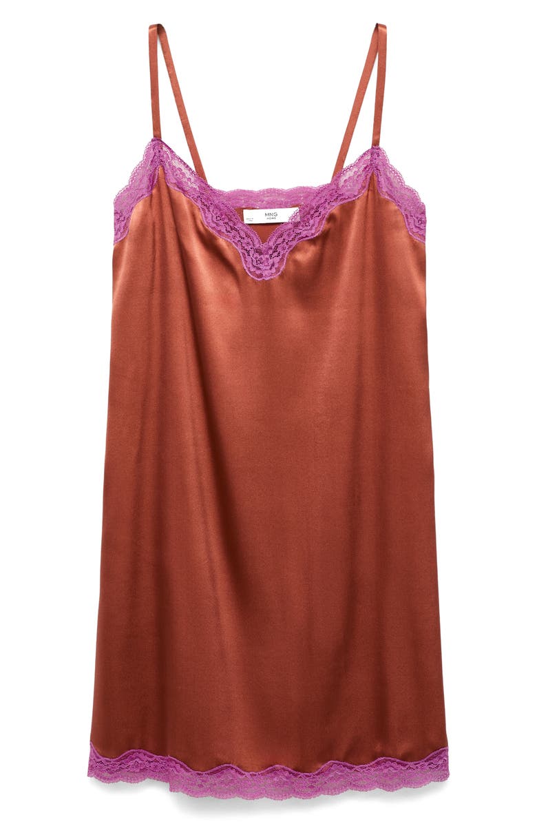 MANGO Lace Trim Stretch Silk Nightgown, Alternate, color, Brown