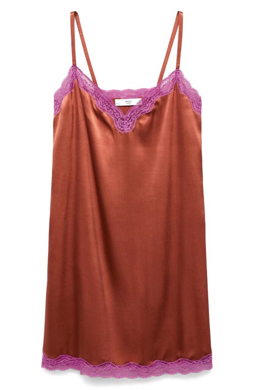 Mango Lace Trim Stretch Silk Nightgown In Brown