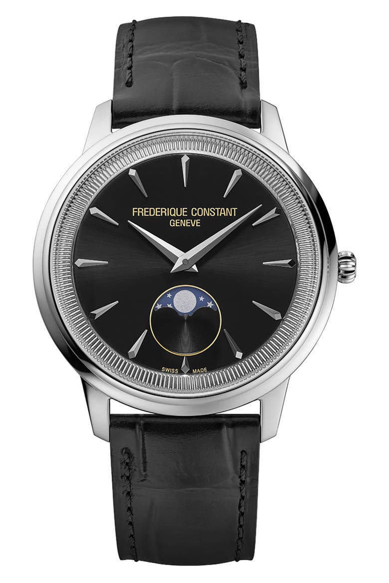 Classics Moneta Moonphase Black Leather Strap Watch, 37mm, Main, color, SILVER-TONE