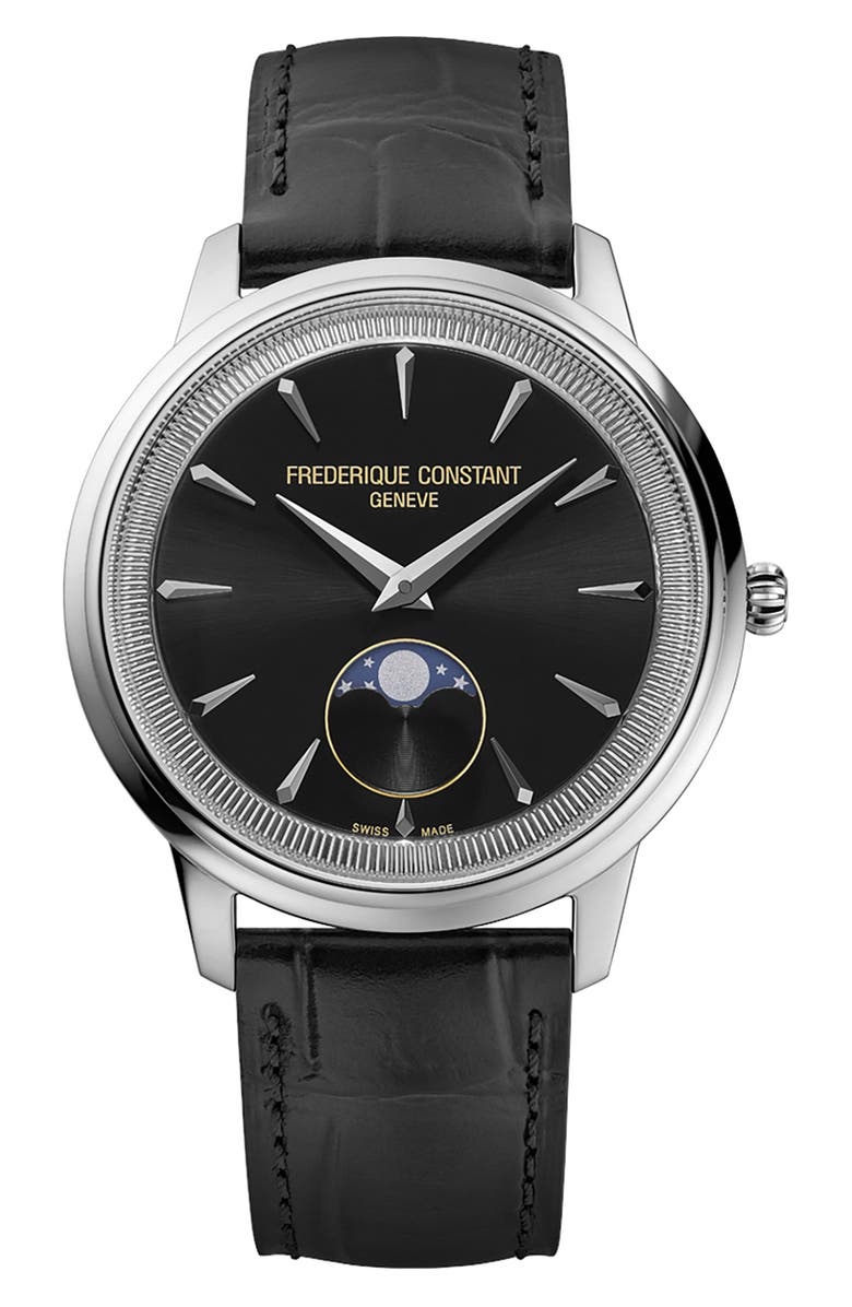 FREDERIQUE CONSTANT Classics Moneta Moon Phase Black Leather Strap Watch, 37mm, Main, color, Silver-Tone