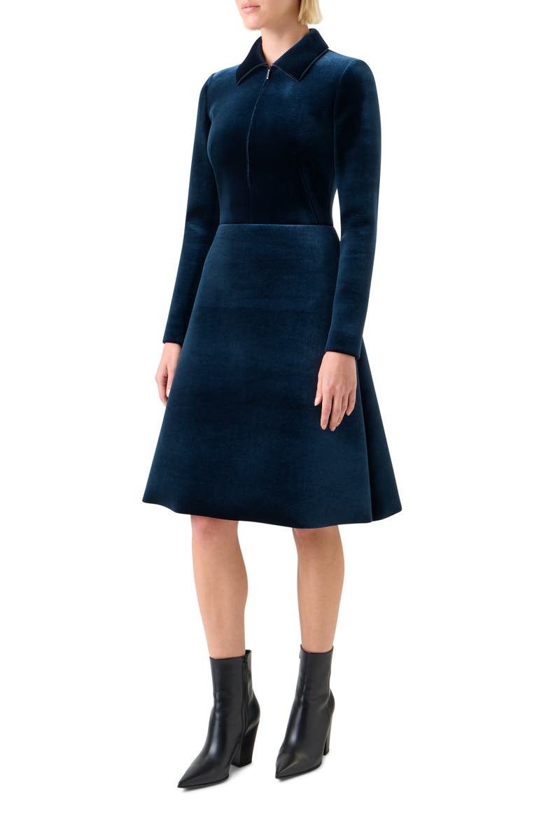 Long Sleeve Velvet Neoprene A-Line Shirtdress, Alternate, color, DENIM BLUE