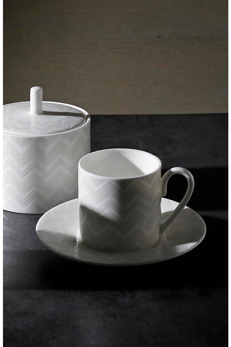 Coffee Cup & Saucer ZIG ZAG Set of 6 in Luxury Box White diam. 2.3", H 2.5", Cap. 4 oz, Saucer diam. 4.75", Alternate, color, White