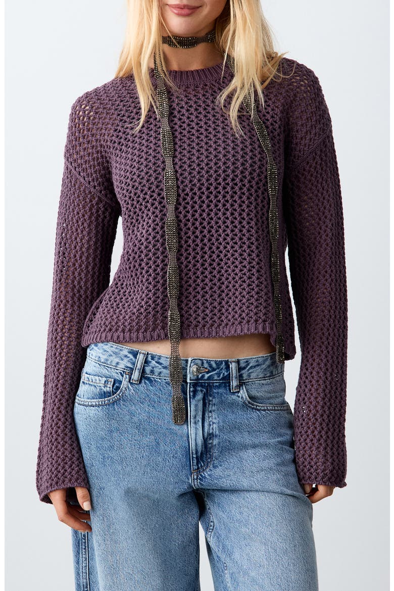 Openwork Crop Cotton Sweater, Main, color, PURPLE