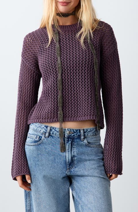 Openwork Crop Cotton Sweater