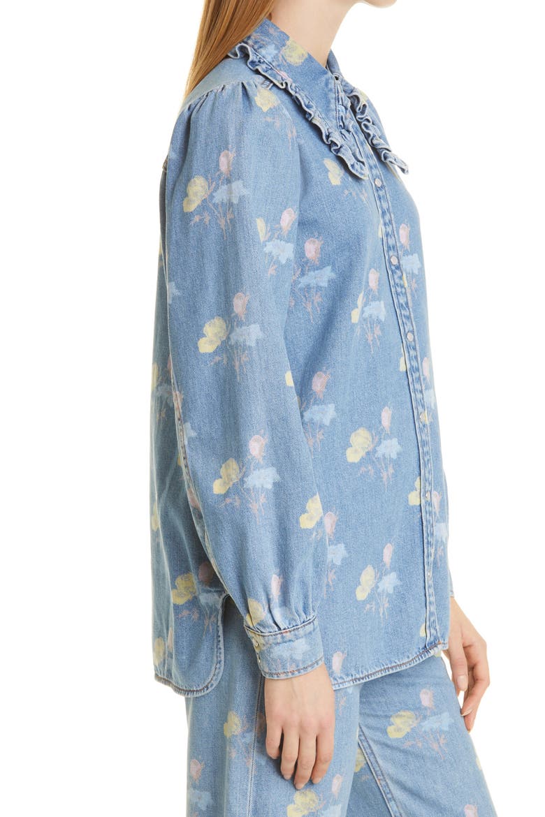 Print Indigo Frill Collar Organic Cotton Denim Shirt, Alternate, color, BLEACH BLUE