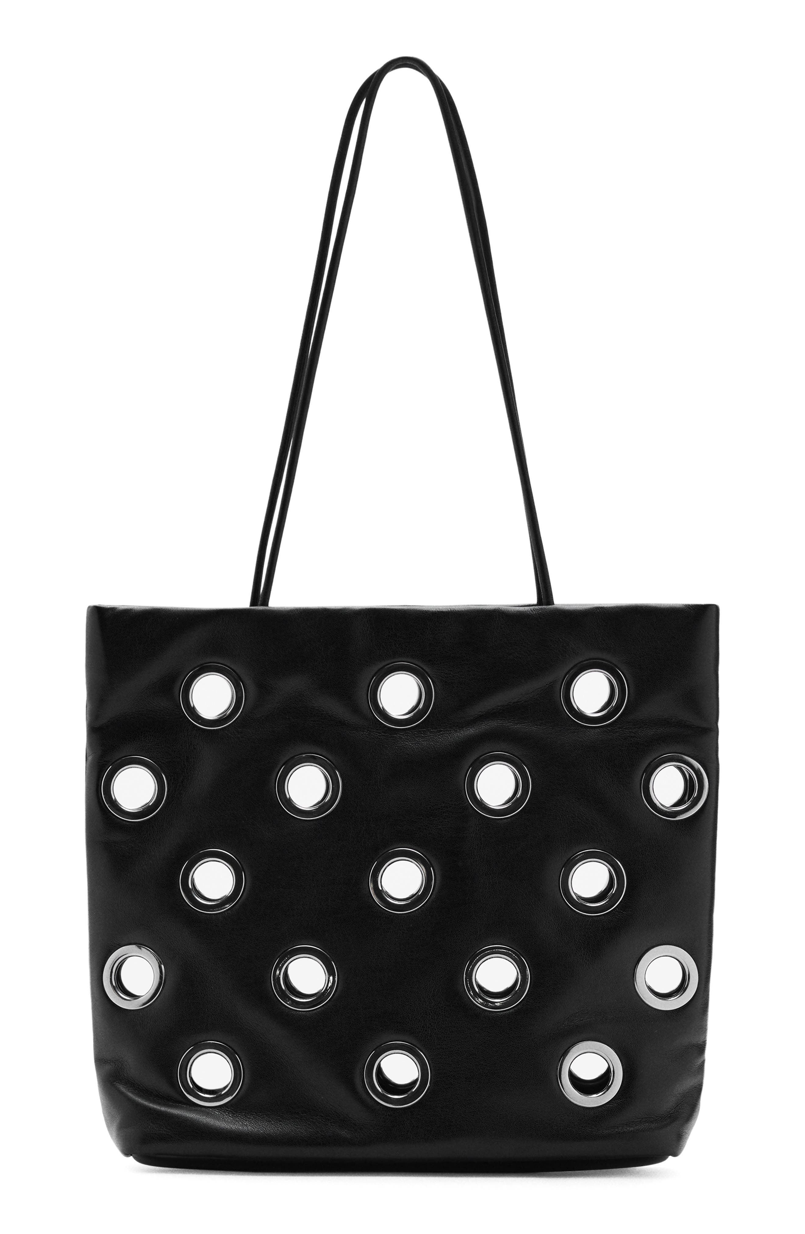 MANGO Eyelet Faux Leather Shoulder Bag, Main, color, Black