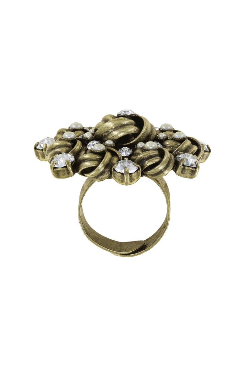 La Comtesse II Crystal Knot Statement Ring, Alternate, color, White / Antique Brass