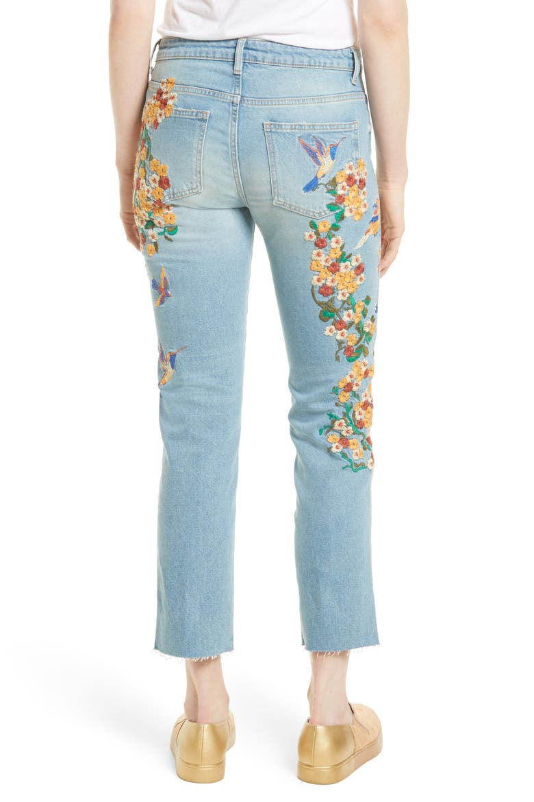 Embroidered Crop Girlfriend Jeans, Alternate, color, LIGHT DENIM