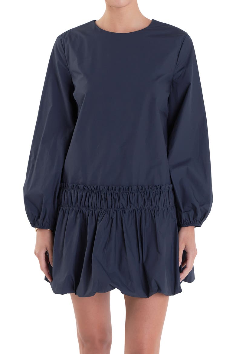 Bubble Hem Long Sleeve Cotton Minidress, Alternate, color, NAVY