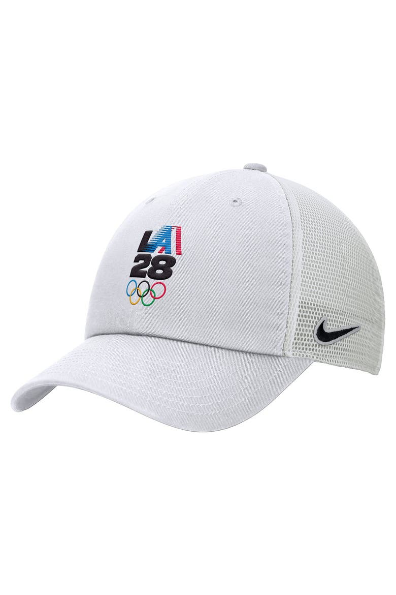 Men's Nike White LA28 Summer Olympics Club Trucker Adjustable Hat, Main, color, White