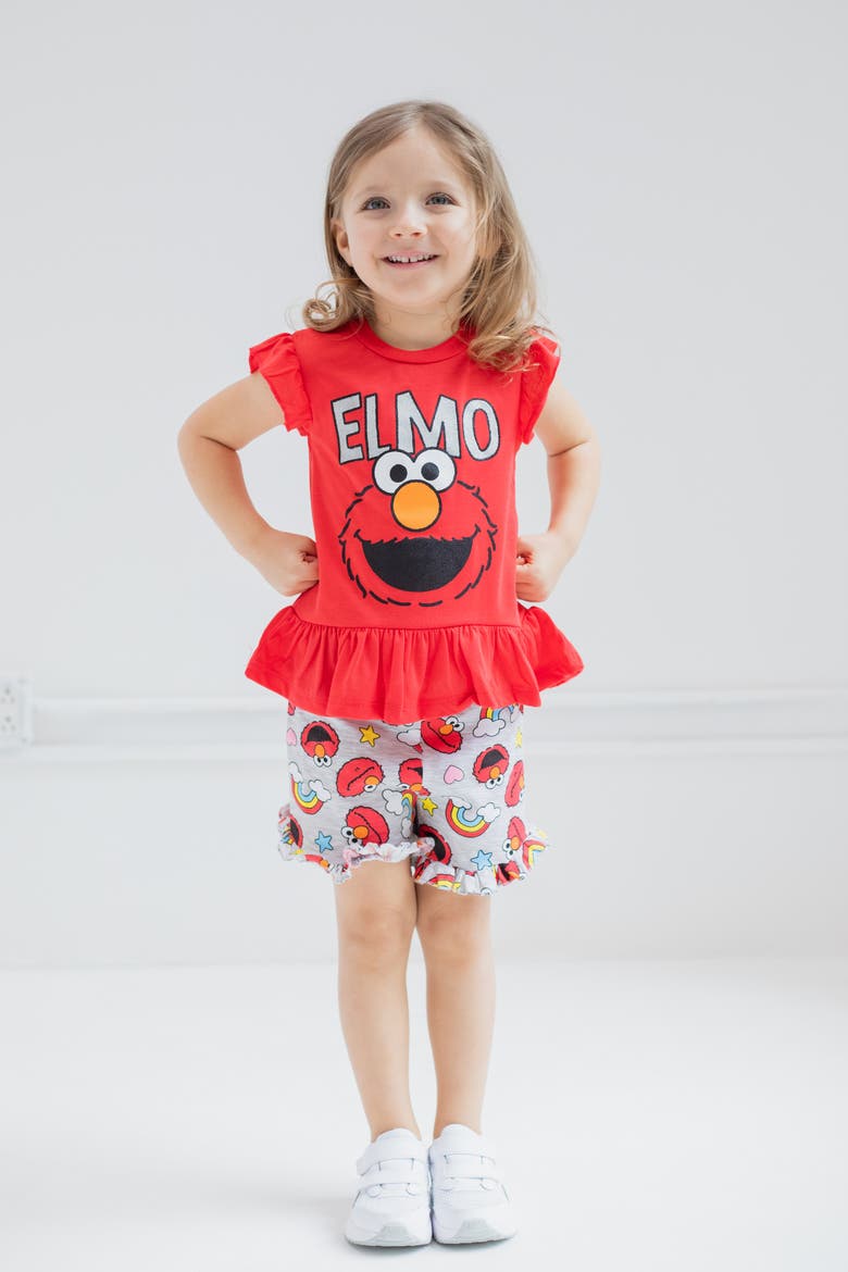 2-Piece T-Shirt and French Terry Shorts Set, Alternate, color, Elmo Red Heather Grey