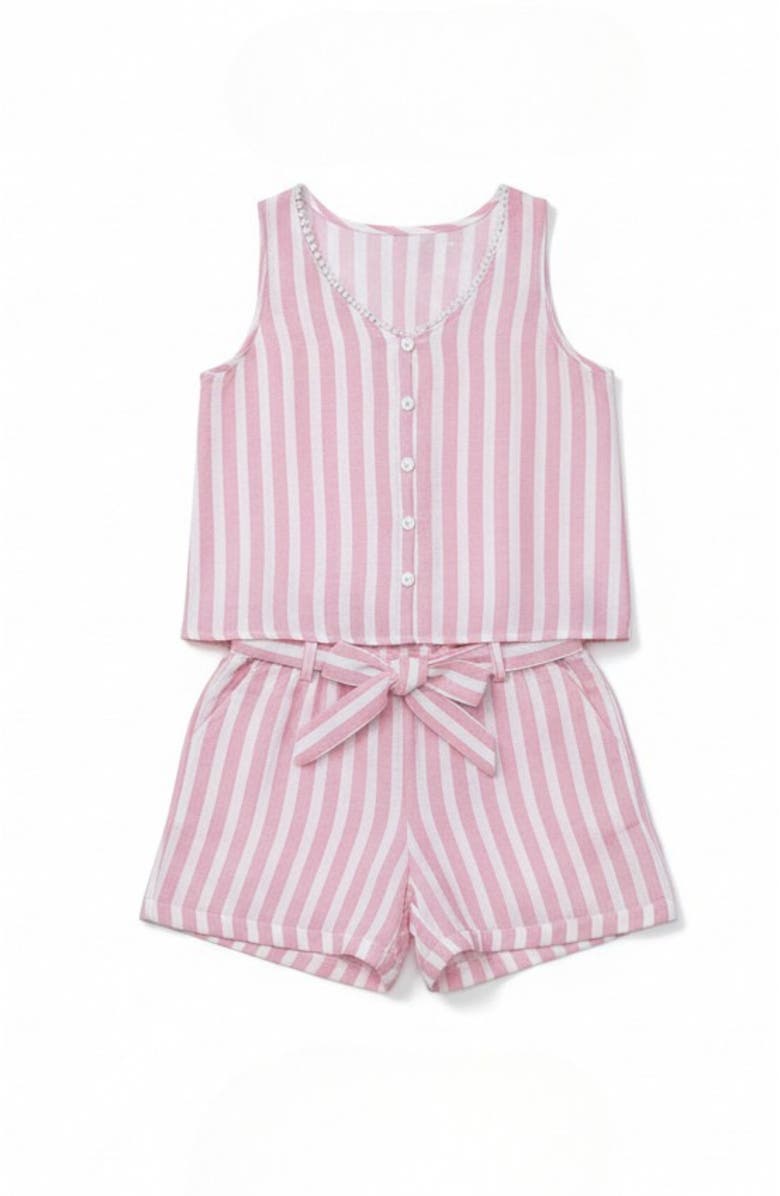 Mia Belle Girls Sandy Stripes Cotton Sleeveless Top and Short Set, Main, color, Pink