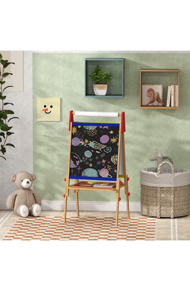 Qaba Kids 3-in-1 Art Easel with Paper Roll, Whiteboard, Chalkboard, Alternate, color, Natural Wood