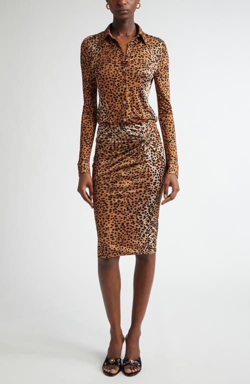 Versace Leopard Print Fitted Jersey Button-up Shirt In Natural Black