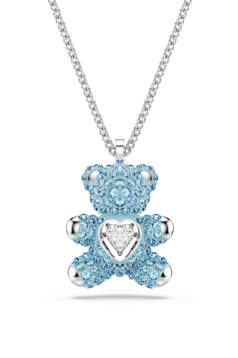 Pavé Crystal Heart Teddy Pendant Necklace, Main, color, AQUA/ SILVER