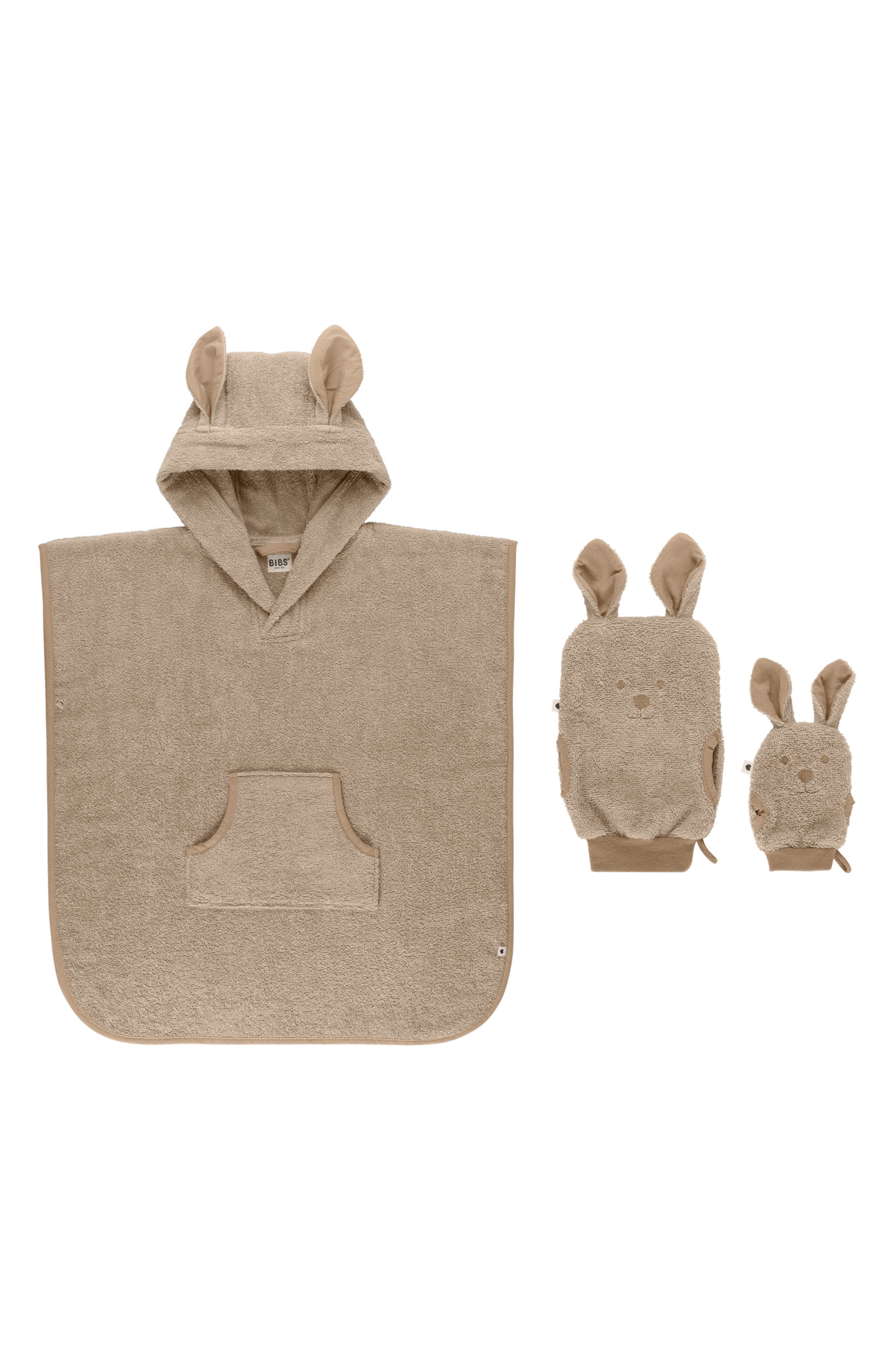 BIBS Kangaroo Hooded Bath Towel & Bath Mitrs Set in Vanilla 