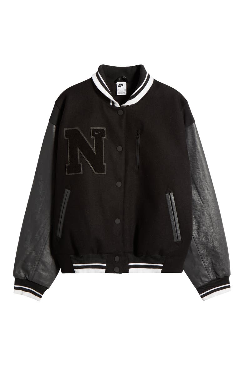 Sportswear Destroyer Leather & Wool Blend Bomber Jacket, Alternate, color, BLACK/ ANTHRACITE/ ANTHRACITE