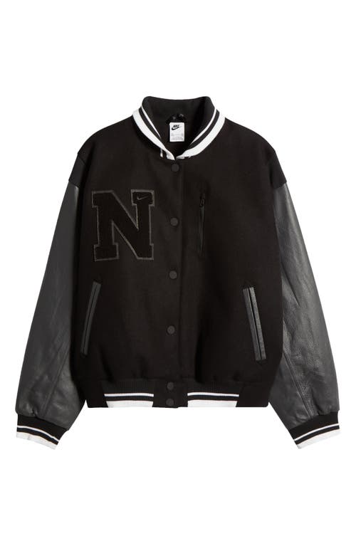 Nike Sportswear Destroyer Leather & Wool Blend Bomber Jacket