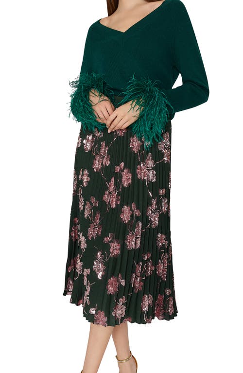Shop Milly Rayla Sequin Flower Pleated Midi Skirt In Dark Green Pink
