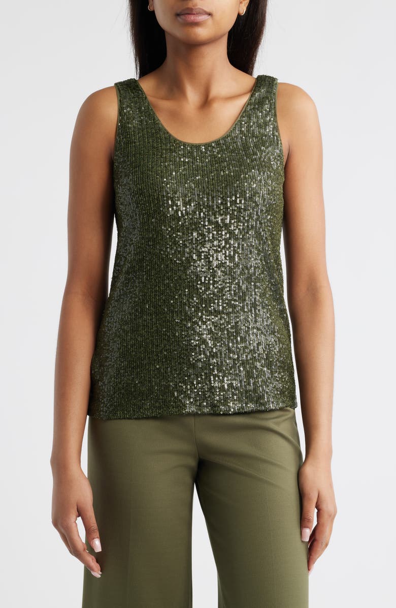 Anne Klein Sequin Double Scoop Neck Mesh Tank, Main, color,