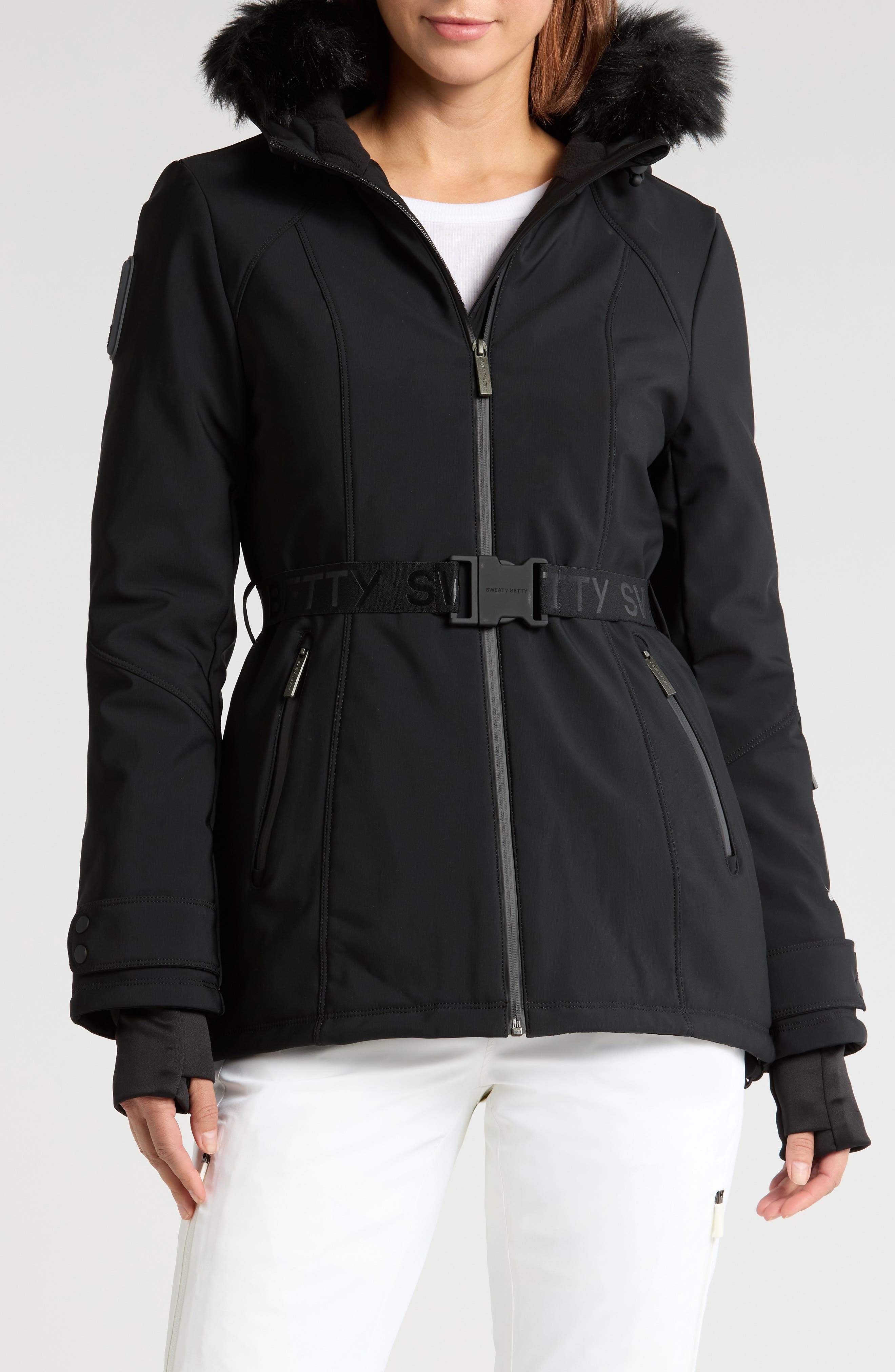 Sweaty Betty Exploration Faux Fur Trim Soft Shell Ski Jacket in Black 