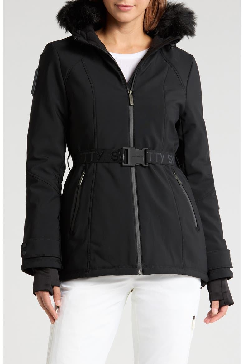Exploration Faux Fur Trim Soft Shell Ski Jacket, Main, color, BLACK