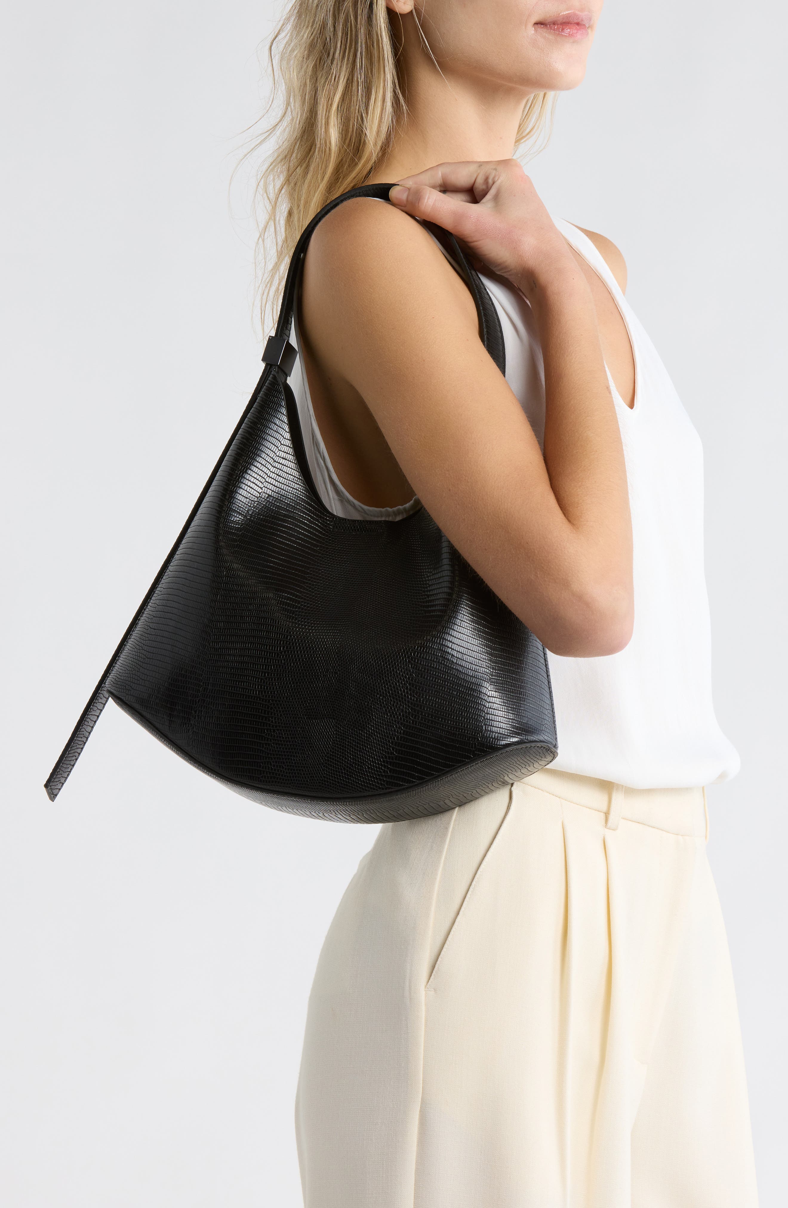 BCBG Snakeskin Embossed Curved Hobo Bag with Pouch, Alternate, color, Black