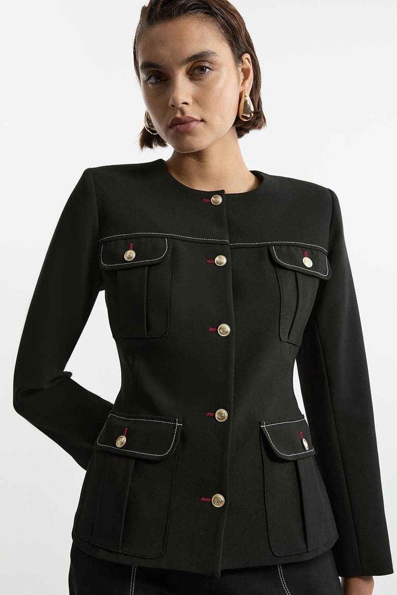 Tailored Round Neck Long Sleeve Jacket, Main, color, Black