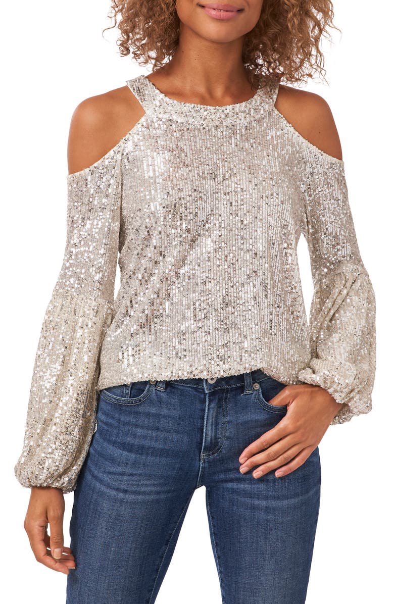 CeCe Sequin Cold Shoulder Top, Main, color, Champagne
