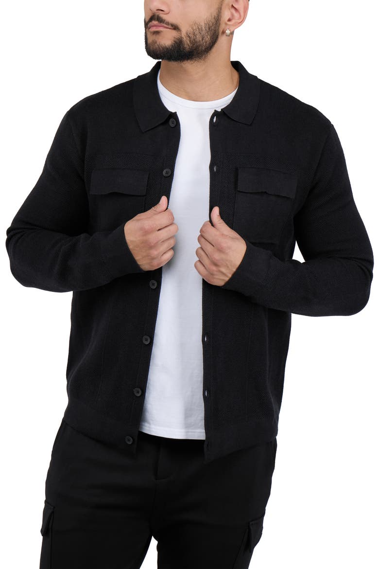 Patch Pocket Button-Up Polo Sweater, Alternate, color, BLACK
